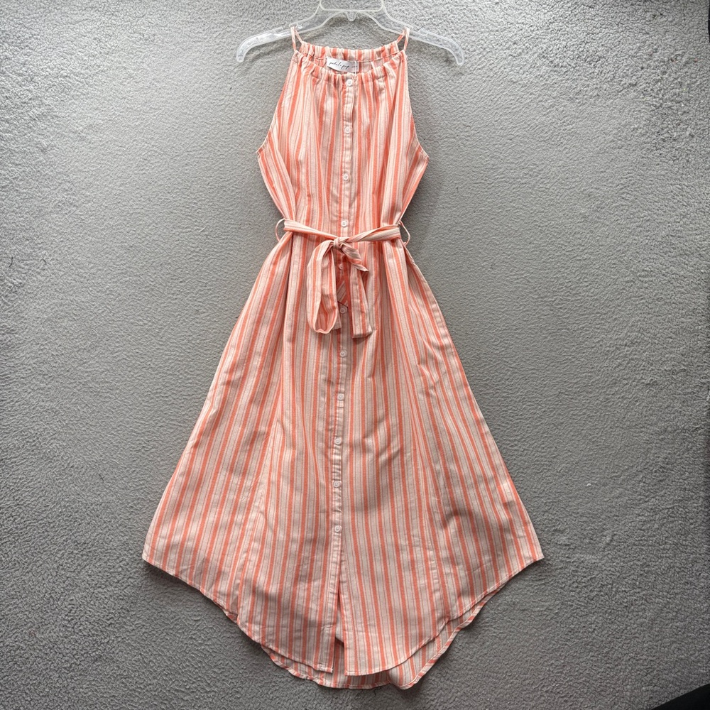 Petal Pup Arabella Sleeveless Dress Orange Striped Midi Button Up Belted Size XS